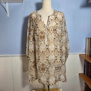 Apt. 9 2X Brown White Snake Skin Semi Sheer Button Up Roll Tab Casual Blouse